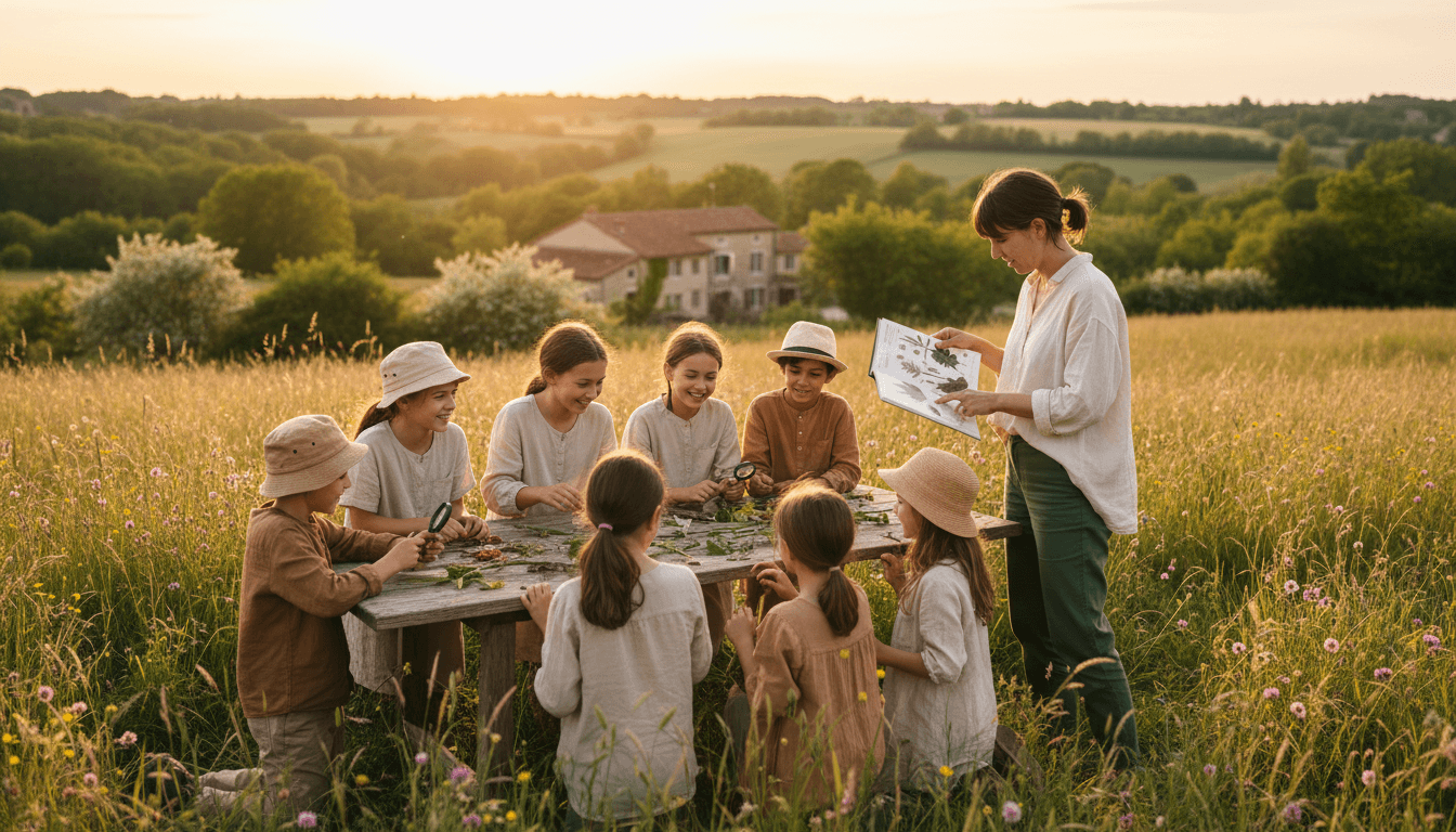 Enfants et mentor dans un environnement naturel inclusif et sécurisant